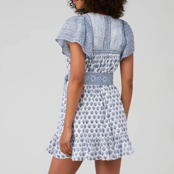 Cleobella Leah Mini Dress Blue White Hydrangea Floral Flutter Sleeve Belt Size M - Picture 11 of 15